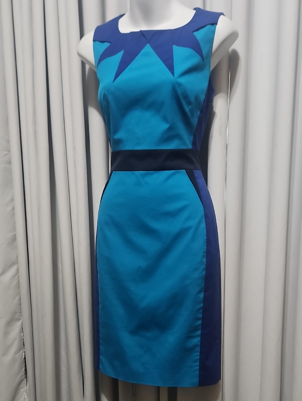 Karen Millen Blue Colorblock Stretch Cotton Sheath Dress US 6 UK 10 EU 38